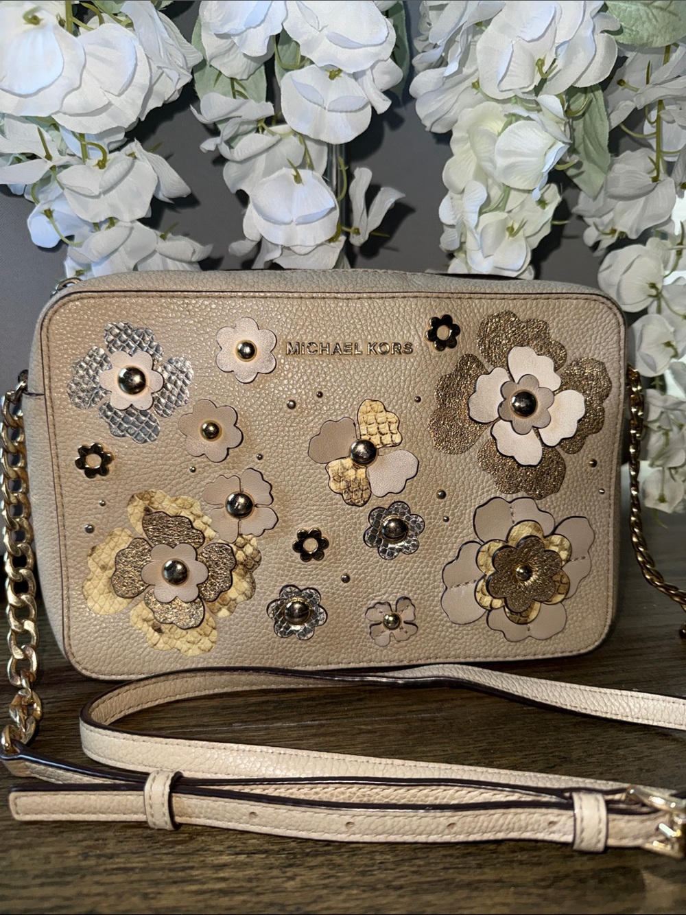 MICHAEL KORS Beige Floral Appliqué Crossbody with Gold Accents